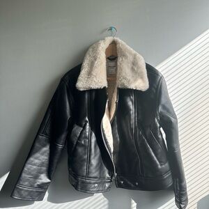 Women's Black Leather Jacket with White Fur Collar